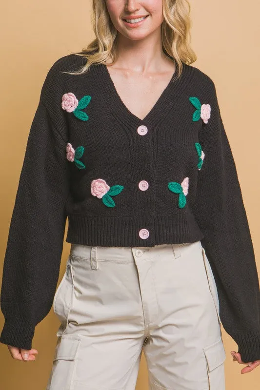 Black Mid Cropped Flower Cardigan