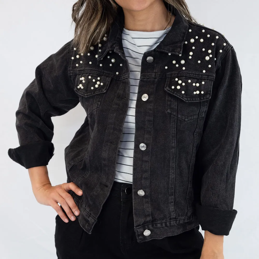 (Black Pearl) Custom Future Mrs. Lovette  Pearl Denim Jacket