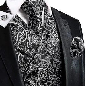 Black White Paisley Silk Men's Vest Hanky Cufflinks Tie Set Waistcoat Suit Set