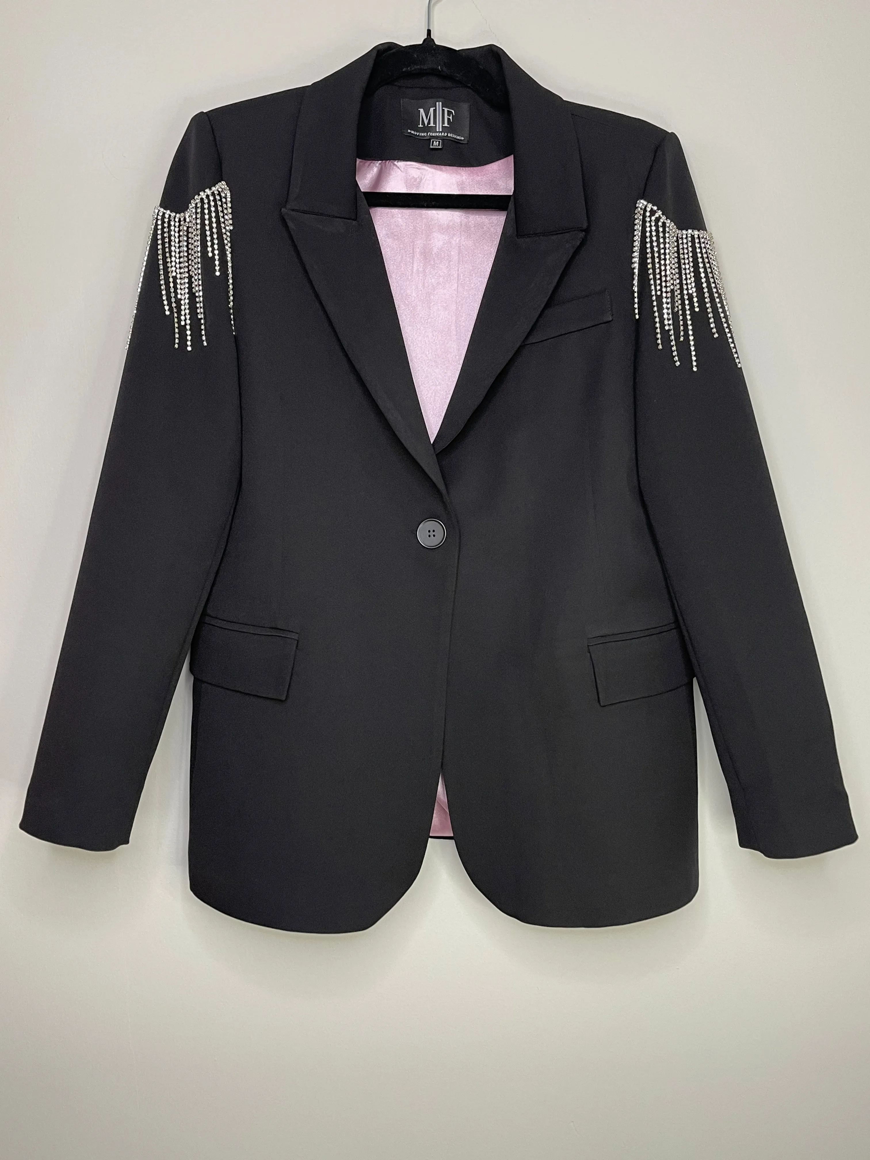 Blazer, Black w/ Pink Lining, Shoulder Fringe