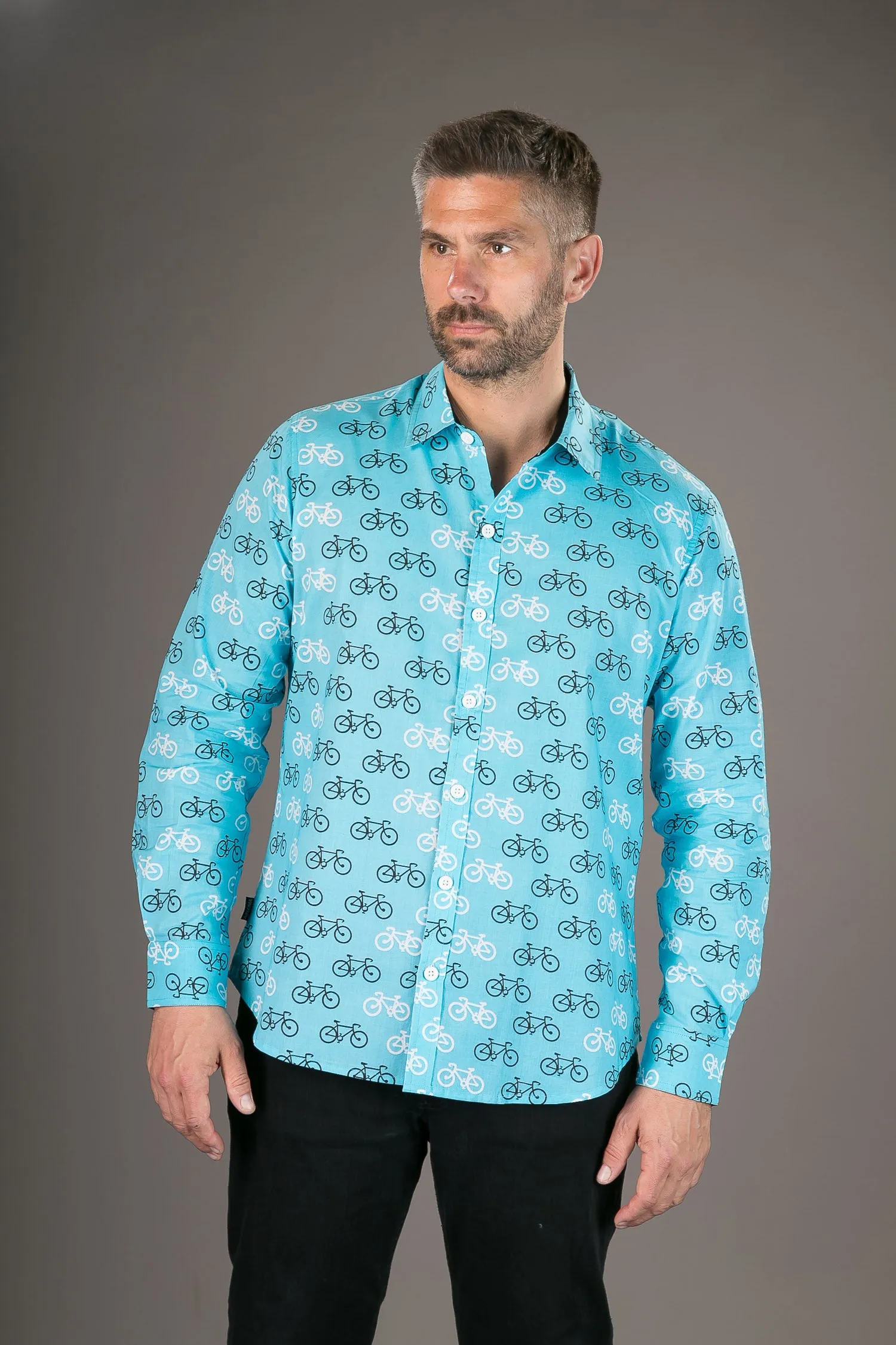 Blue Bicycle Print Cotton Slim Fit Shirt