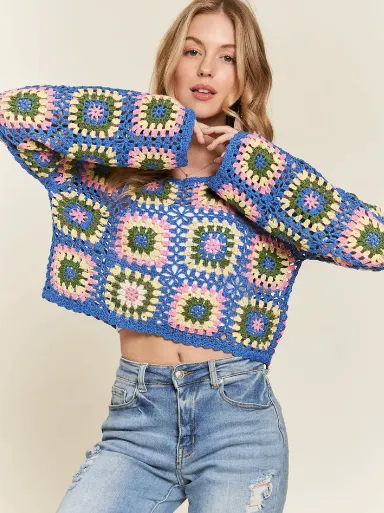 Blue Crochet Cropped Sweater