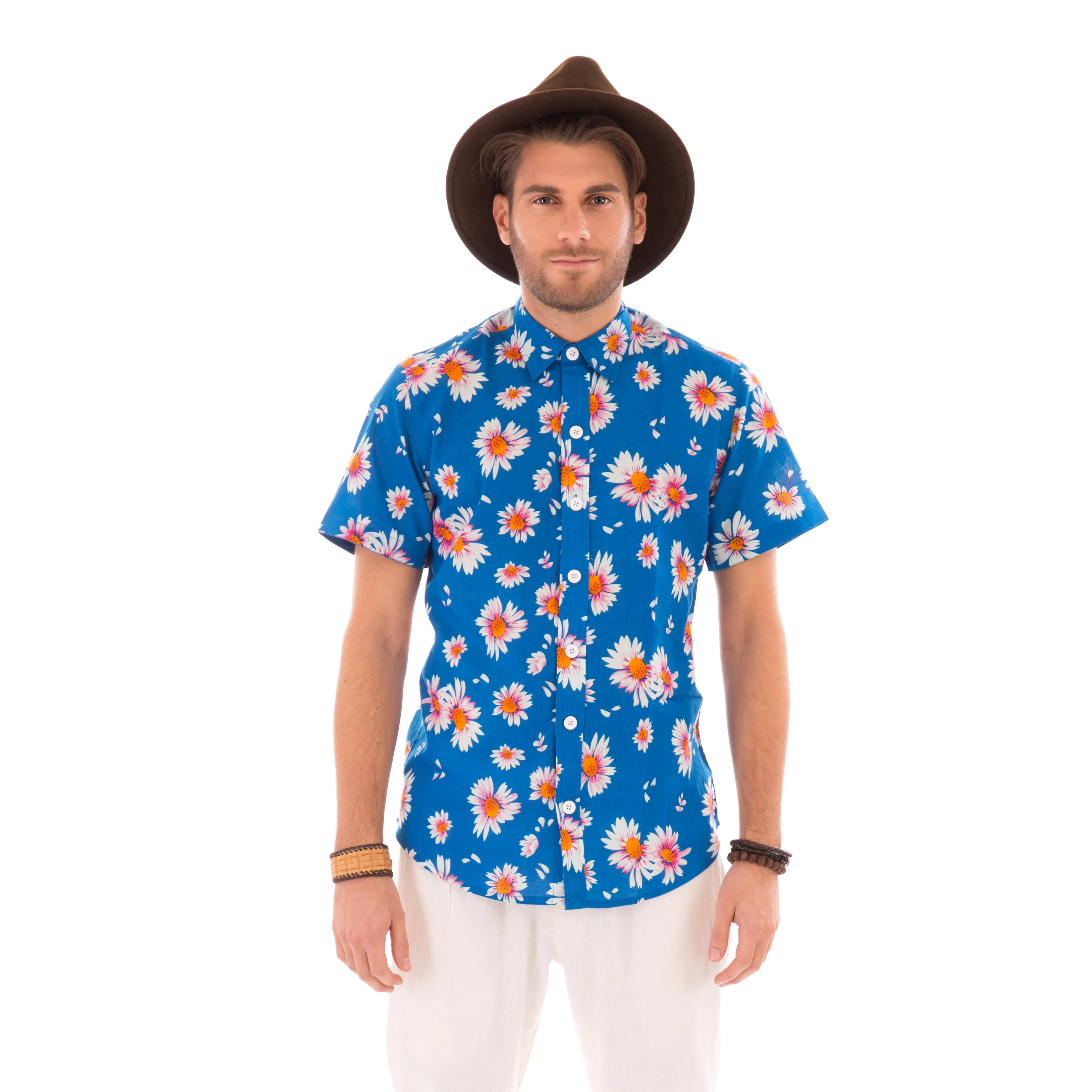 Blue Floral Print Cotton Slim and Regular Fit Mens Shirt Short Sleeve