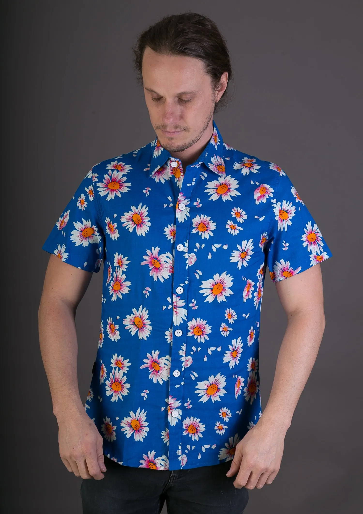 Blue Floral Print Cotton Slim and Regular Fit Mens Shirt Short Sleeve