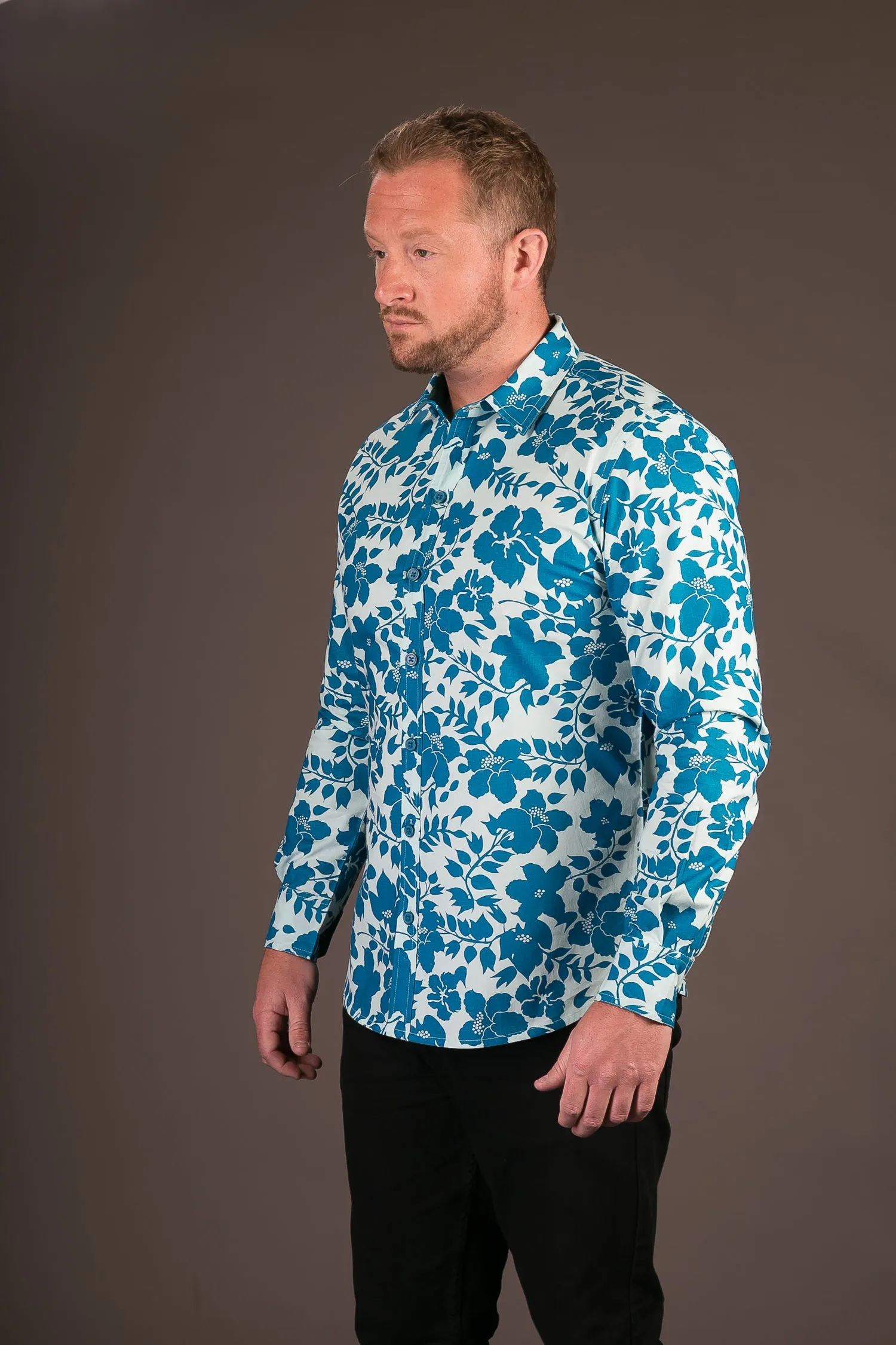 Blue Floral Print Cotton Slim Fit Mens Shirt Long Sleeve