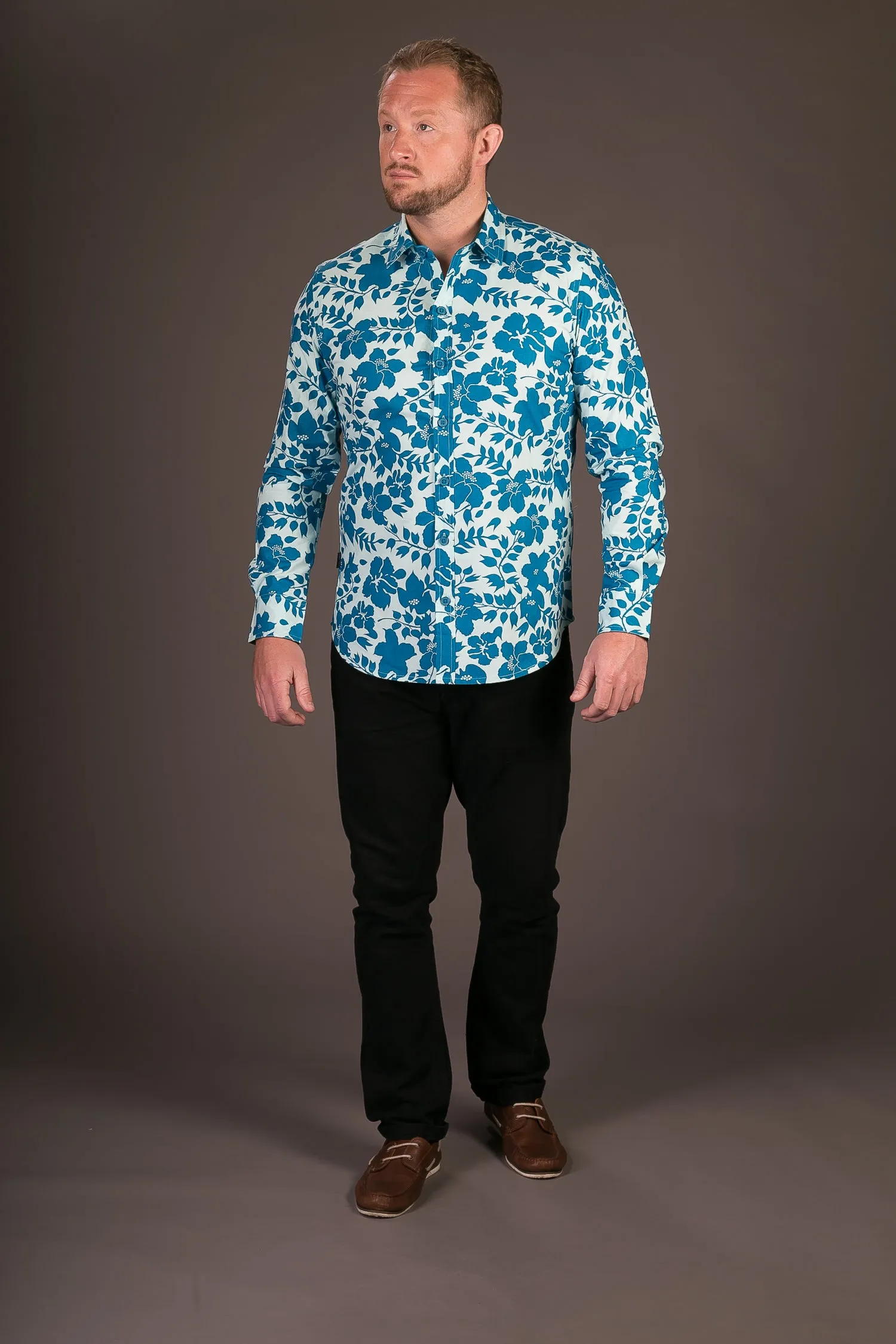 Blue Floral Print Cotton Slim Fit Mens Shirt Long Sleeve