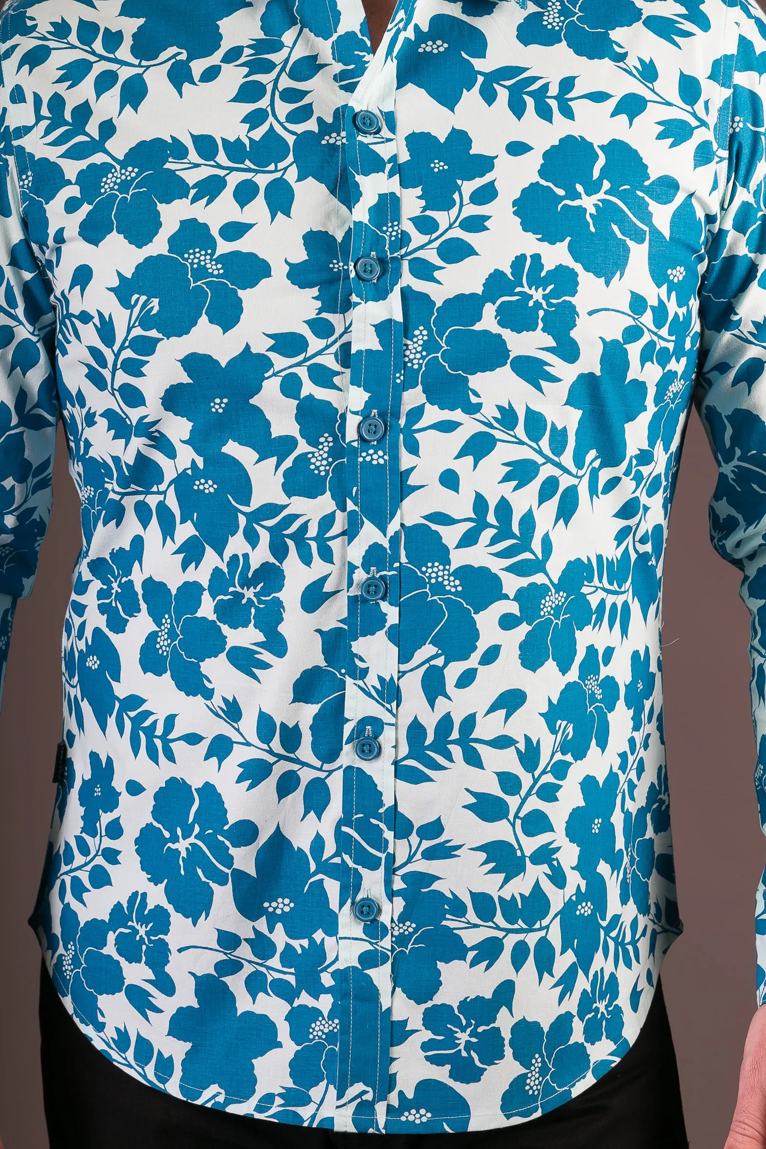 Blue Floral Print Cotton Slim Fit Mens Shirt Long Sleeve