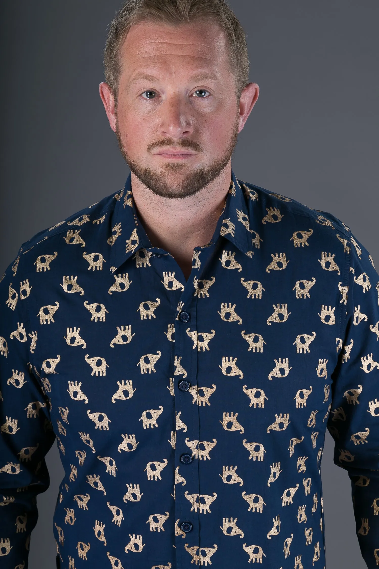 Blue Gold Elephant Print Cotton Slim and Regular Fit Mens Shirt Long Sleeve