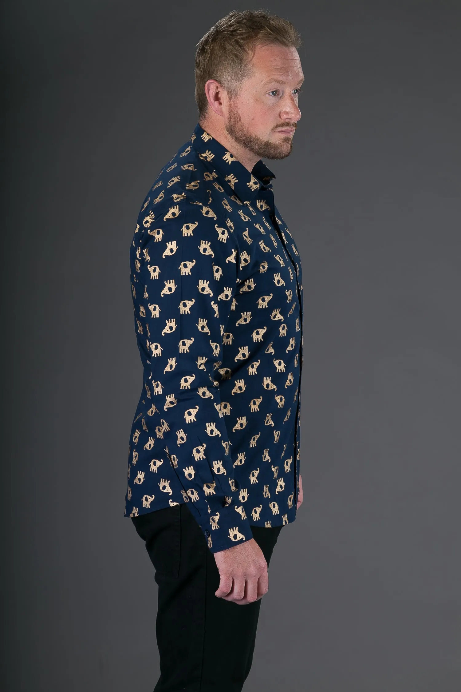 Blue Gold Elephant Print Cotton Slim and Regular Fit Mens Shirt Long Sleeve