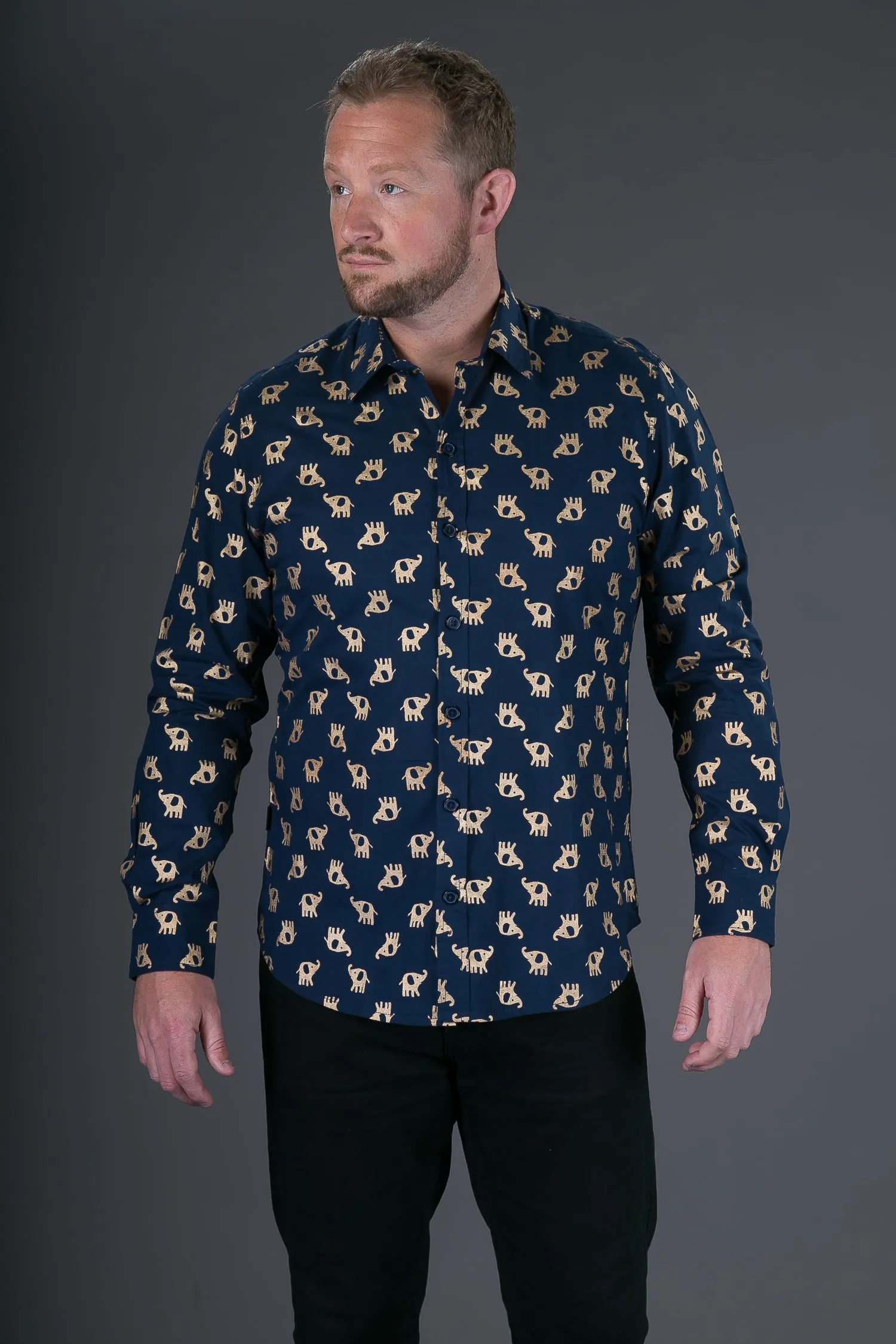 Blue Gold Elephant Print Cotton Slim and Regular Fit Mens Shirt Long Sleeve