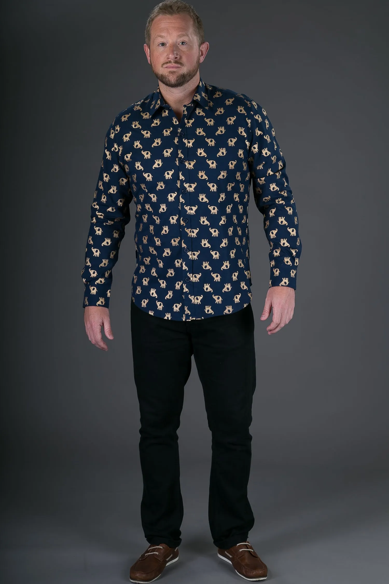 Blue Gold Elephant Print Cotton Slim and Regular Fit Mens Shirt Long Sleeve