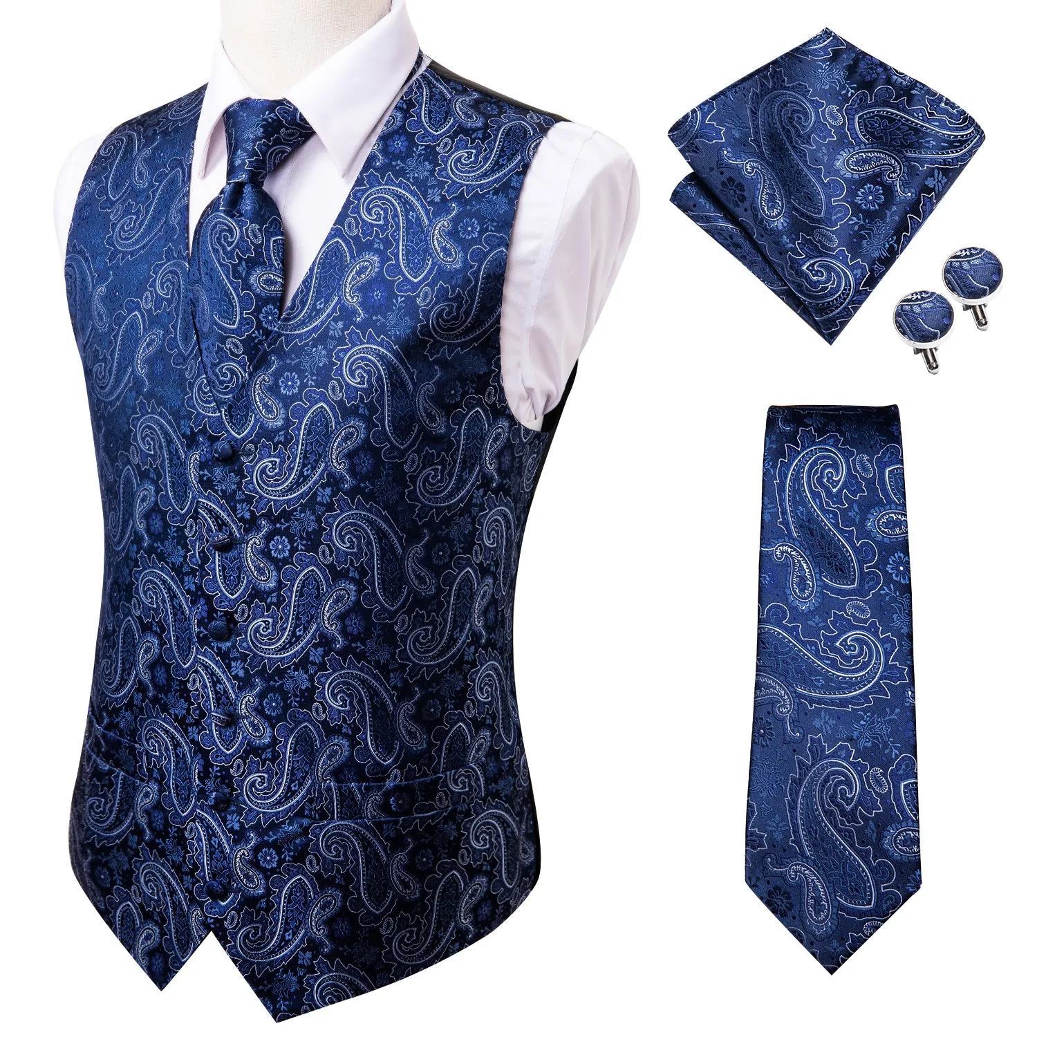 Blue Paisley Silk Men's Vest Hanky Cufflinks Tie Set Waistcoat Suit Set