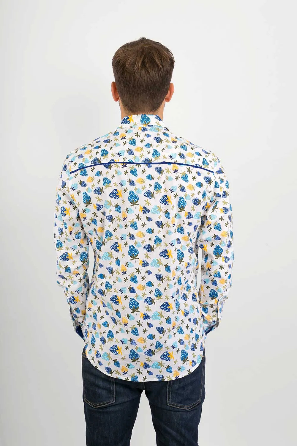 Blue Strawberry Fruit Cotton Slim Fit Mens Shirt Long Sleeve