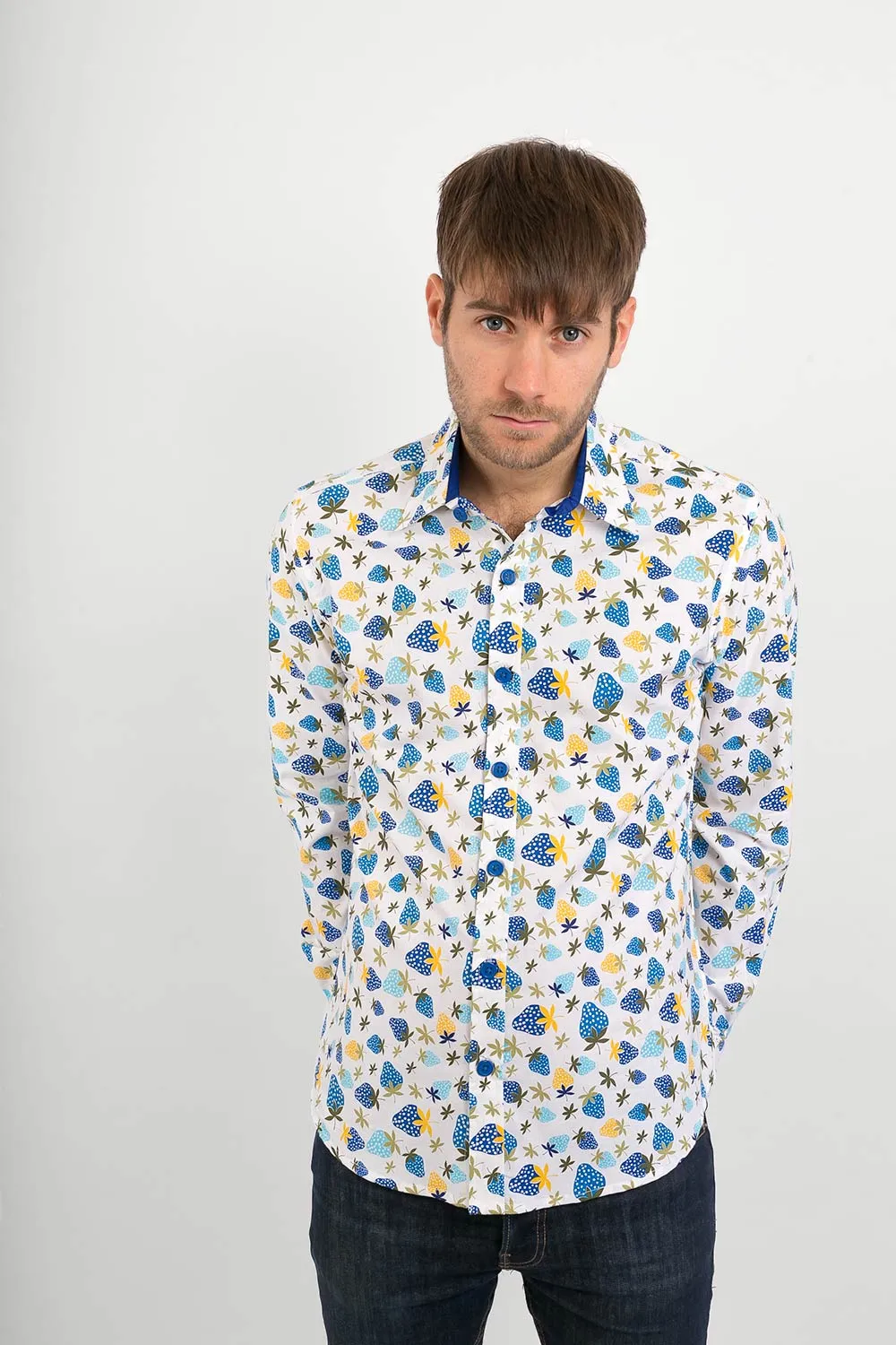 Blue Strawberry Fruit Cotton Slim Fit Mens Shirt Long Sleeve