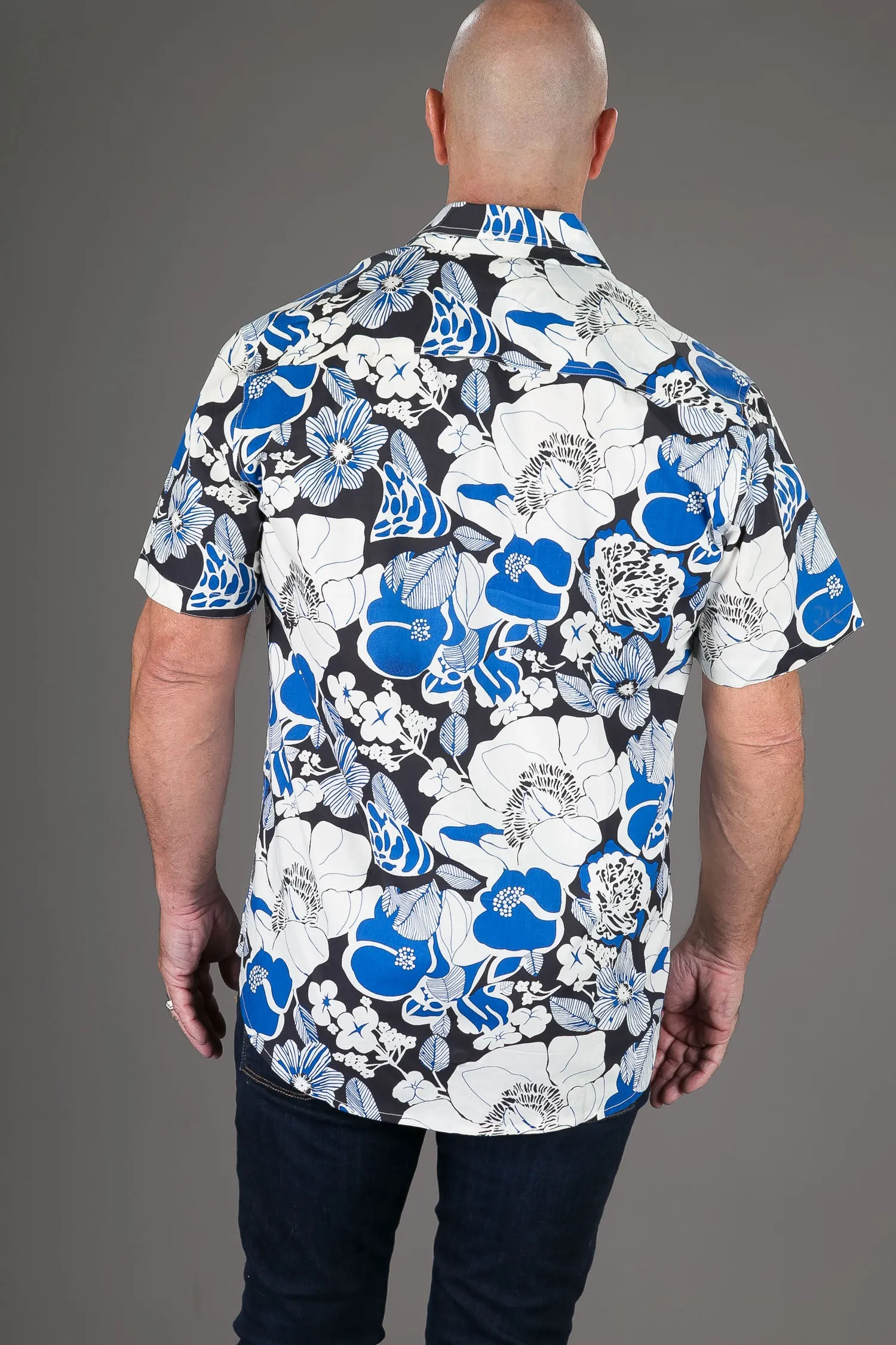 Blue White Aloha Print Cotton Slim and Regular Fit Mens Hawaiian Shirt Short Sleeve