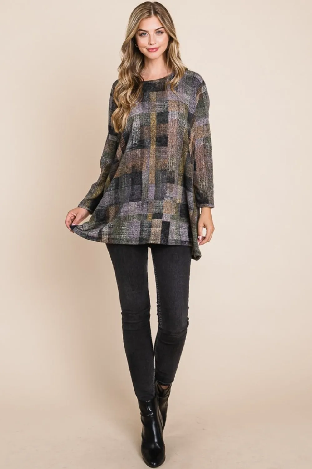 BOMBOM Plaid Round Neck Long Sleeve Top