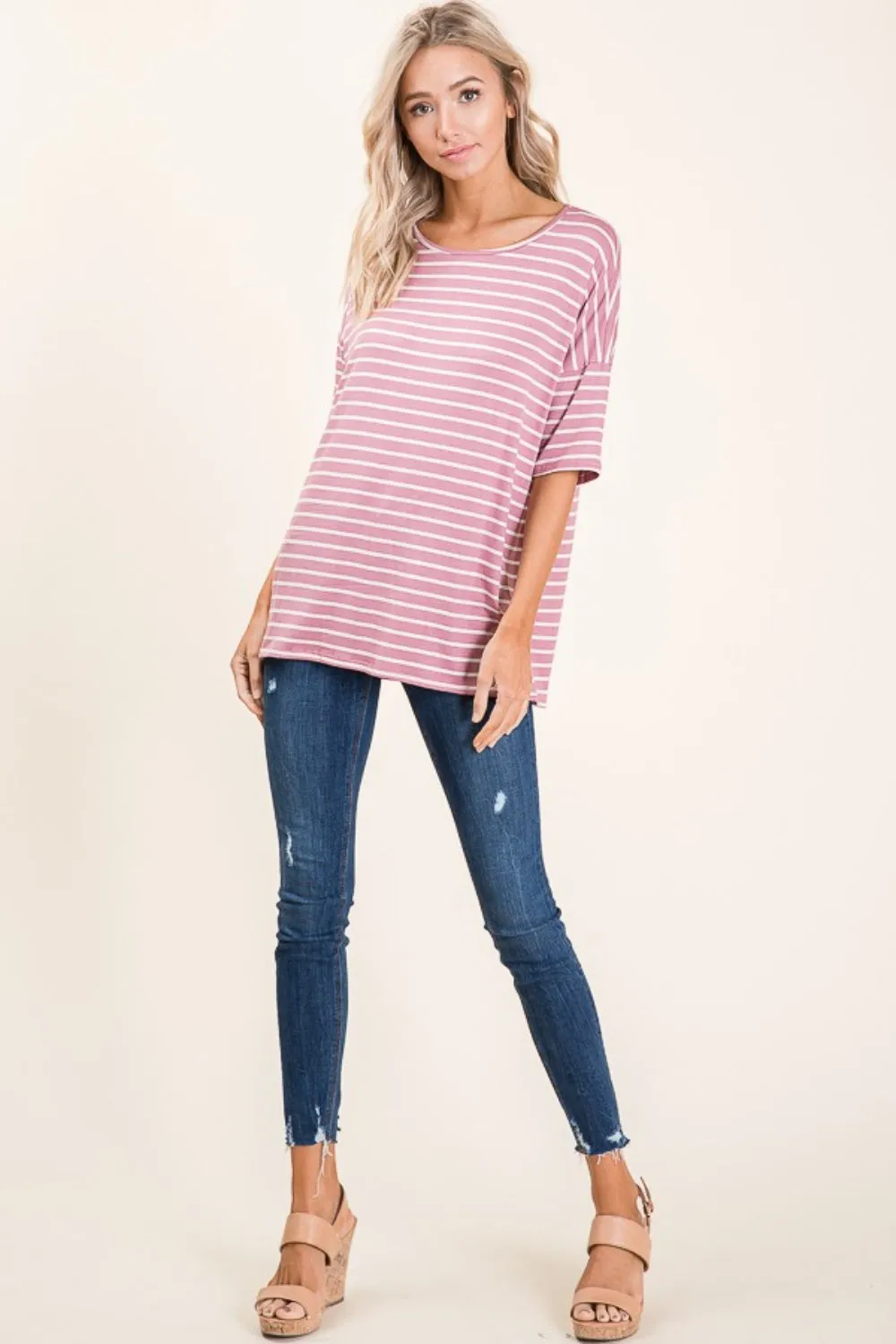 BOMBOM Striped Round Neck Half Sleeve T-Shirt