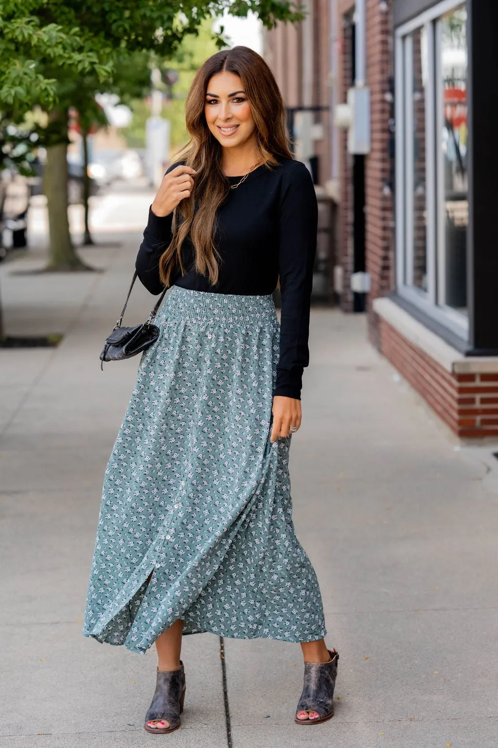 Bouquets Button Accent Maxi Skirt