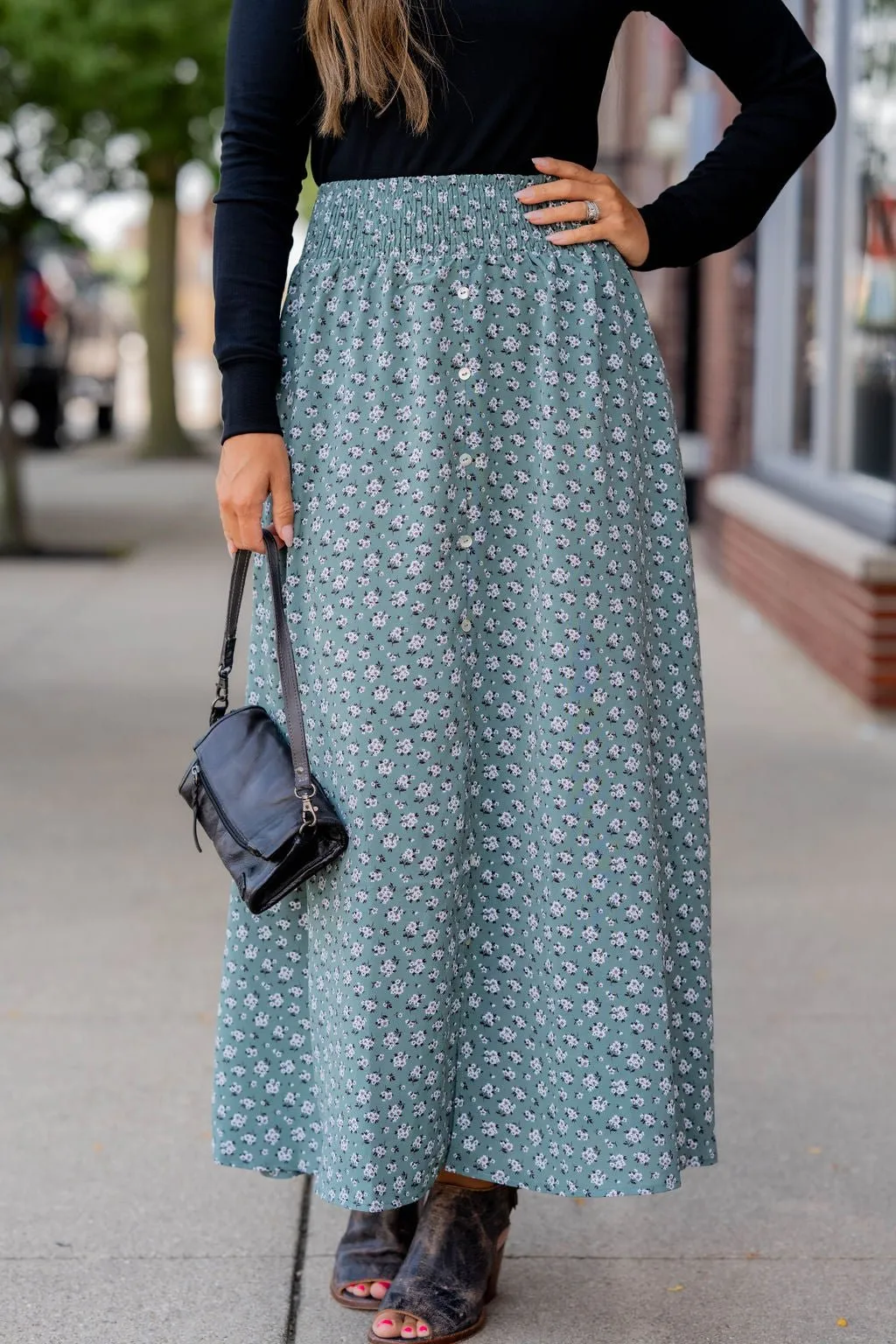 Bouquets Button Accent Maxi Skirt