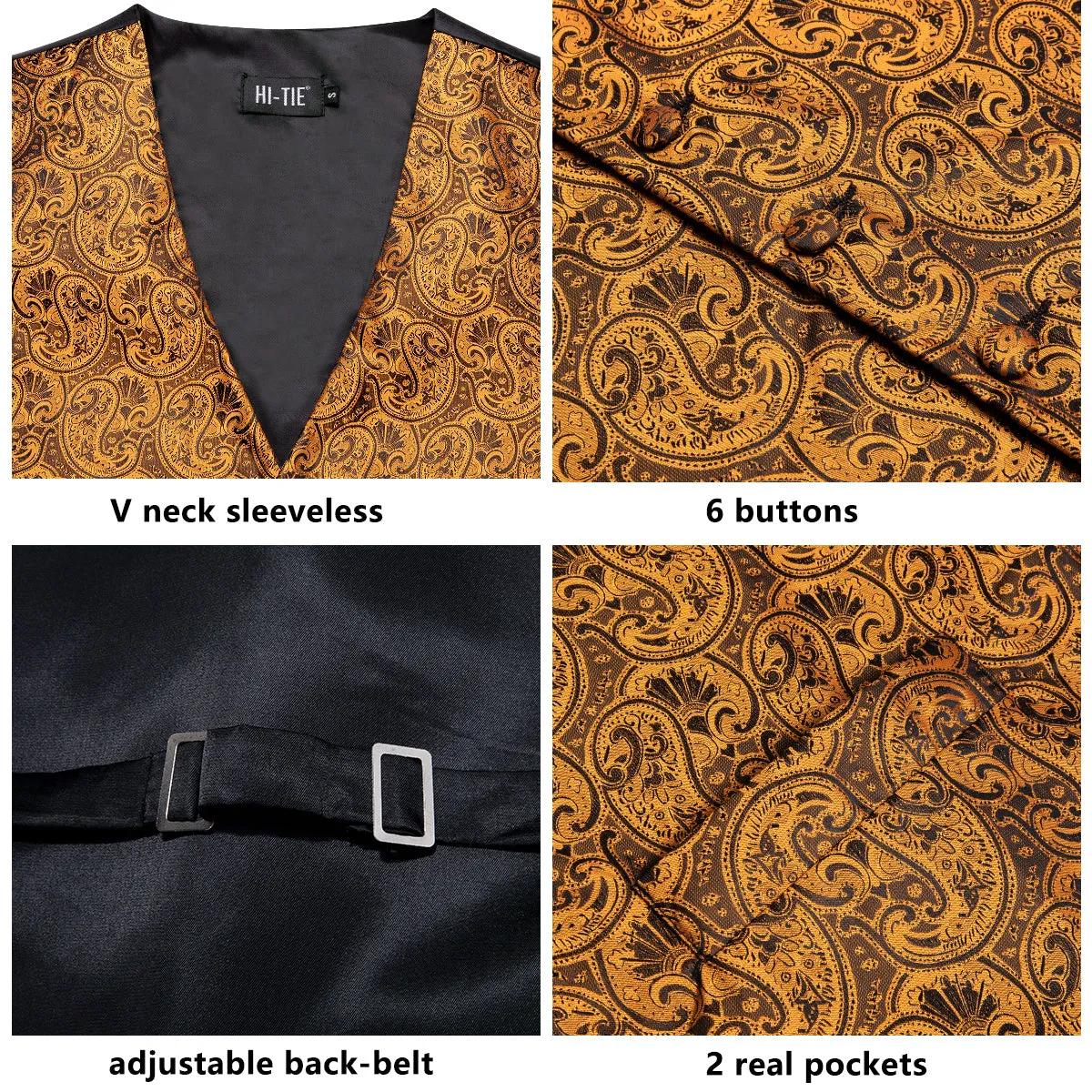 Brown Paisley Silk Men's Vest Hanky Cufflinks Tie Set Waistcoat Suit Set