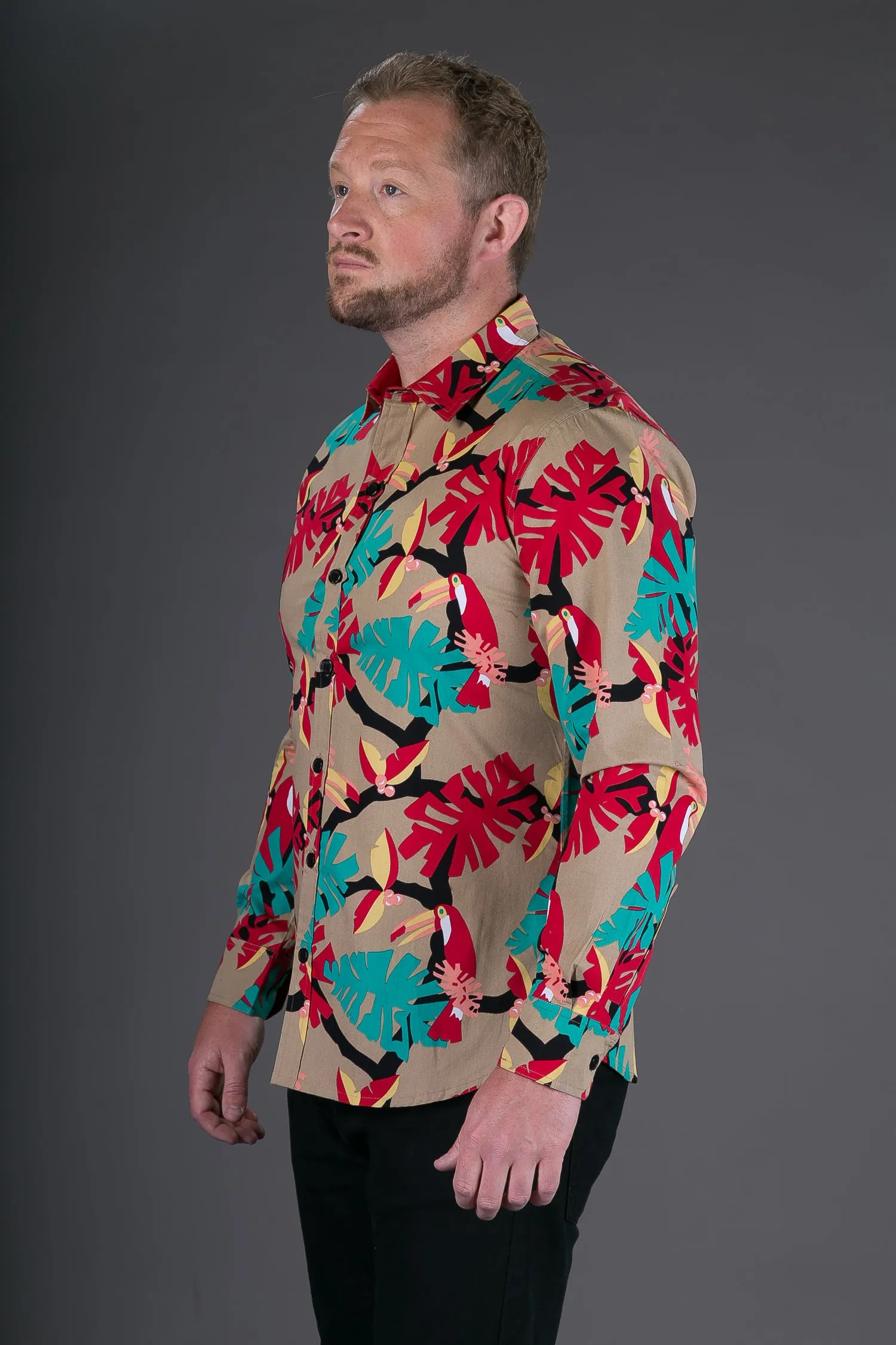 Brown Red Toucan Bird Print Cotton Slim Fit Mens Shirt Long Sleeve