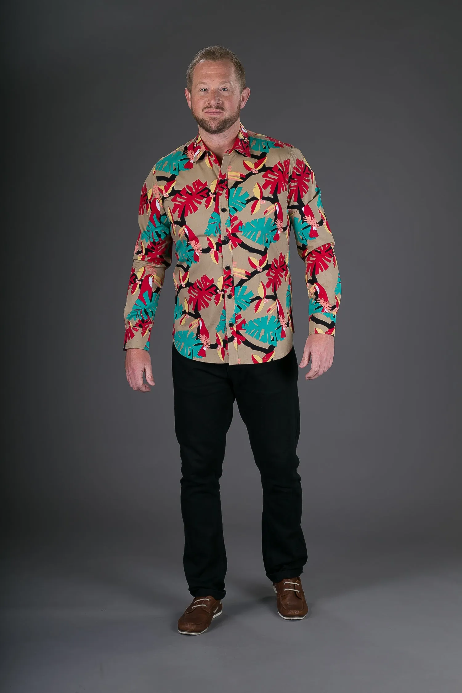 Brown Red Toucan Bird Print Cotton Slim Fit Mens Shirt Long Sleeve