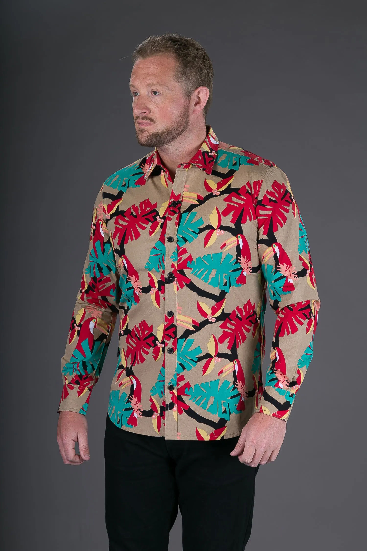 Brown Red Toucan Bird Print Cotton Slim Fit Mens Shirt Long Sleeve