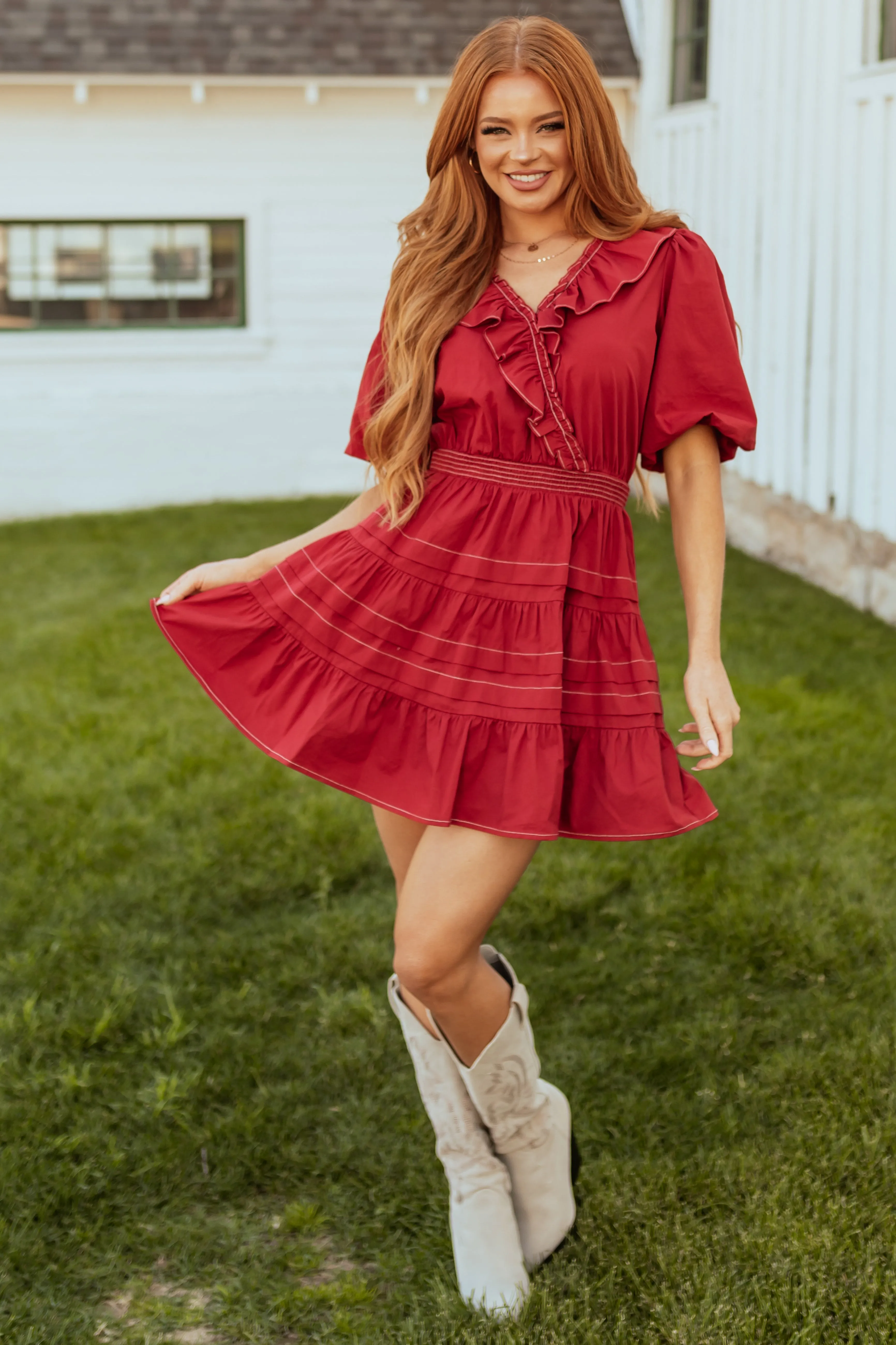 Burgundy Tiered Ruffle Surplice Wrap Mini Dress