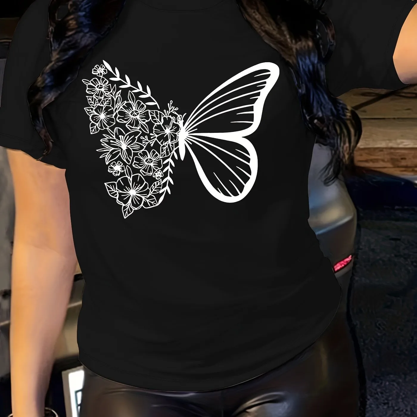 Butterfly Blossom Womens T-Shirt - Short Sleeve, Crew Neck, Lightweight & Breathable - Perfect Casual Top for Summer & Spring Wardrobe