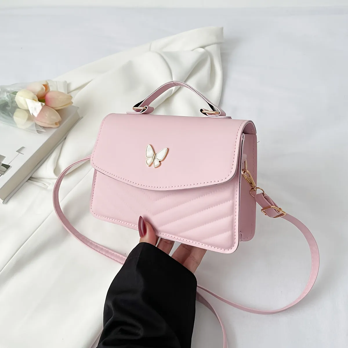 Butterfly Glamour - Fashionable Solid Color Crossbody Bag with Chic Chain Strap, Versatile Square Purse for Women - Durable & Spacious