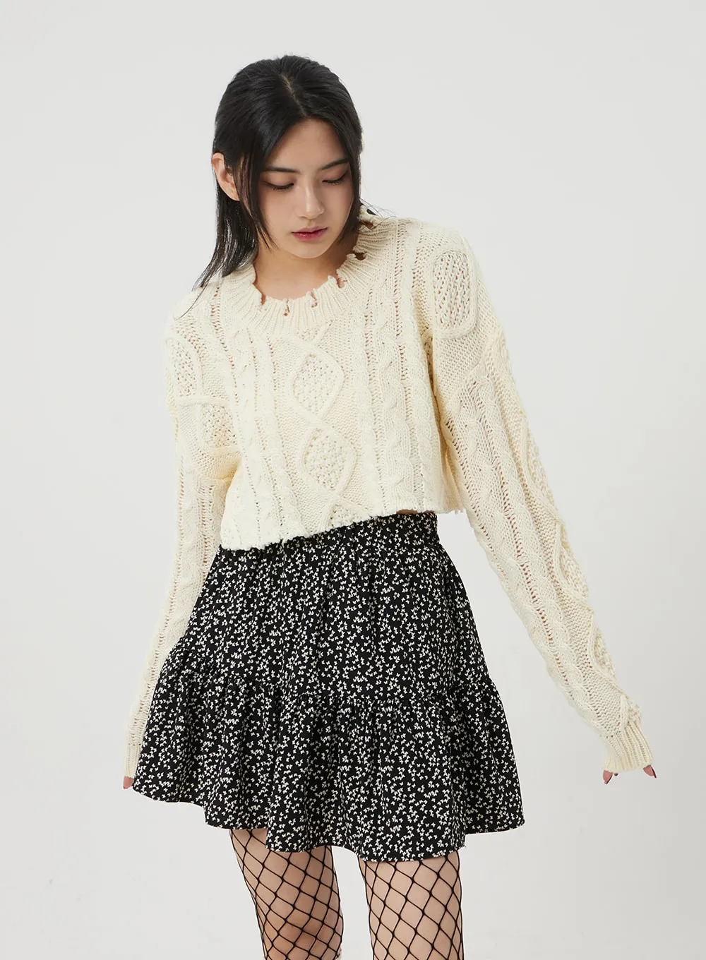 Cable Knit Ripped Cropped Sweater BJ320