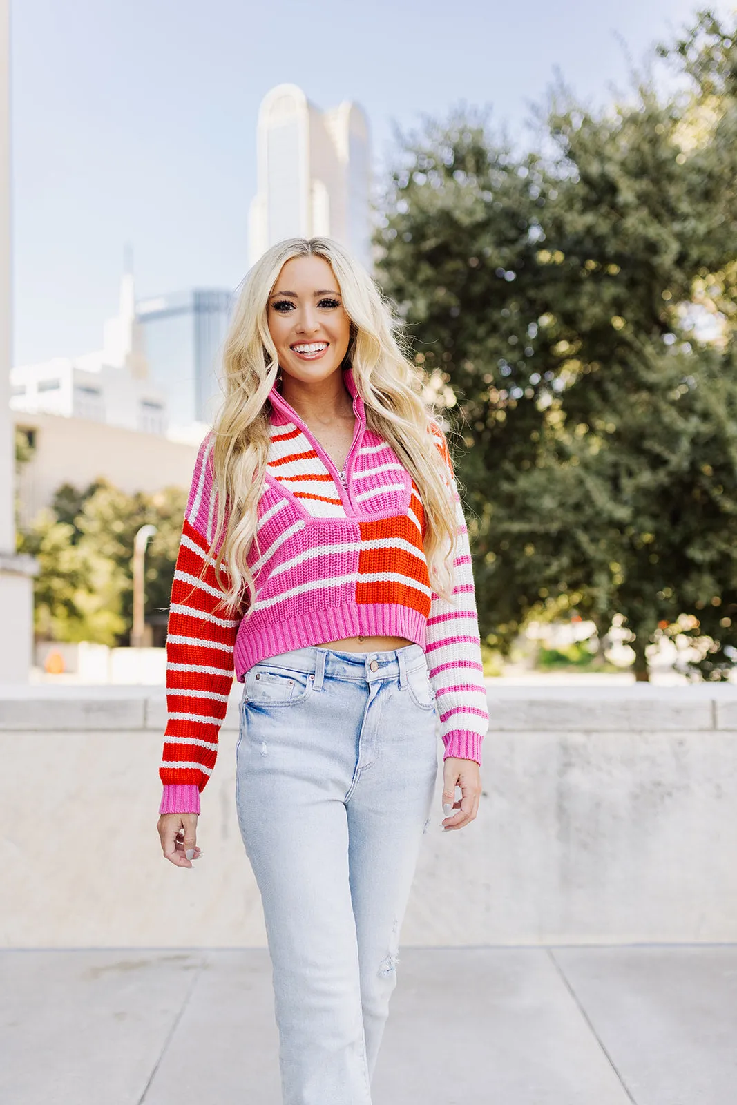 Candy Stripe Cropped Sweater - Pink/Red