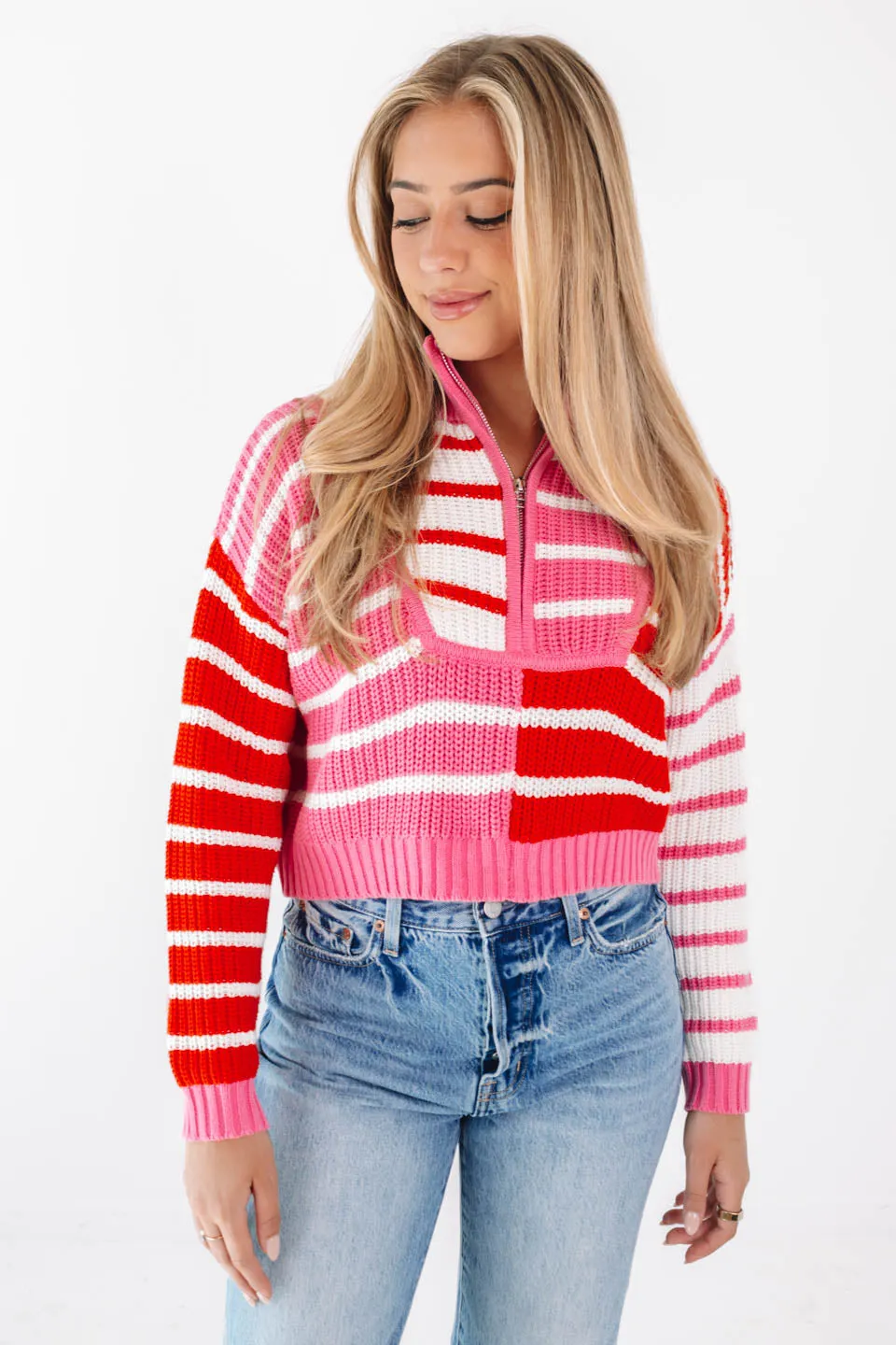 Candy Stripe Cropped Sweater - Pink/Red