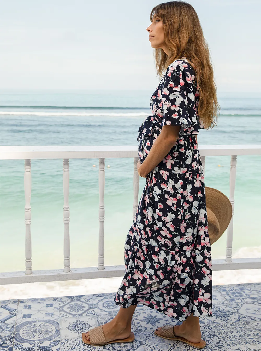 Cara Maternity Baby Shower Dress in Navy Floral Print