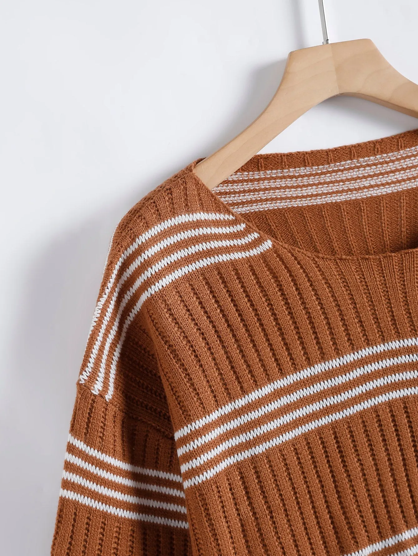 Casual Striped Rib-Knit Long Sleeve Round Neck Crop Women Sweater