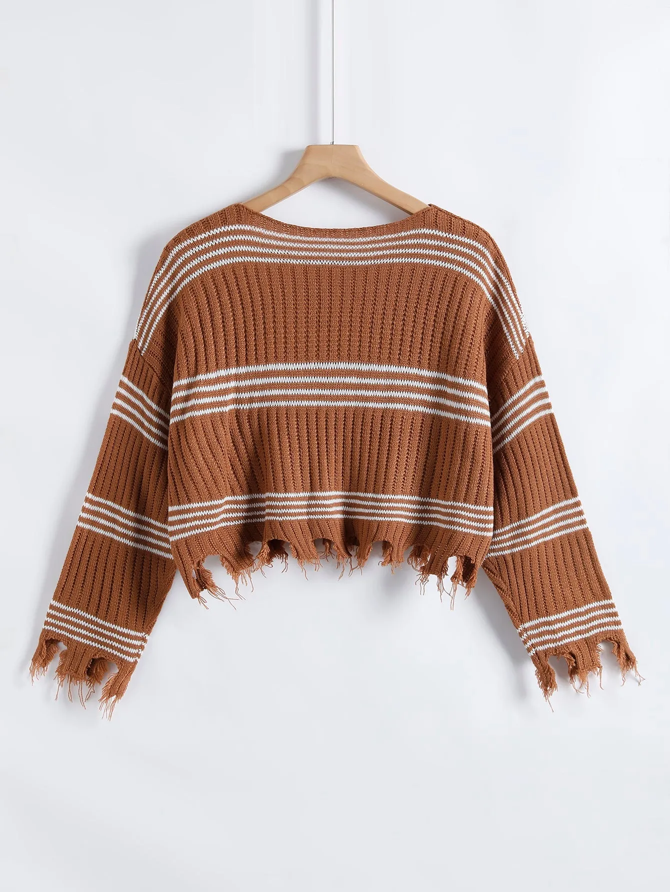 Casual Striped Rib-Knit Long Sleeve Round Neck Crop Women Sweater