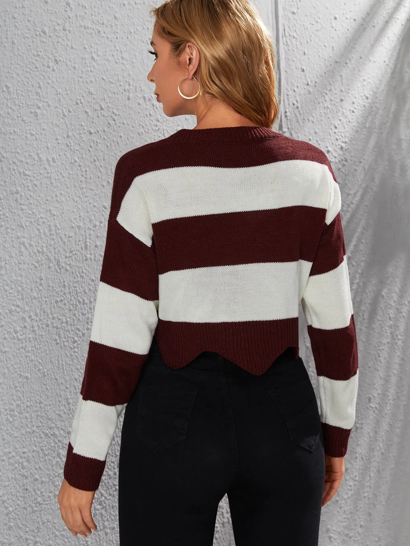 Casual Striped Scallop Long Sleeve V Neck Crop Women Sweater