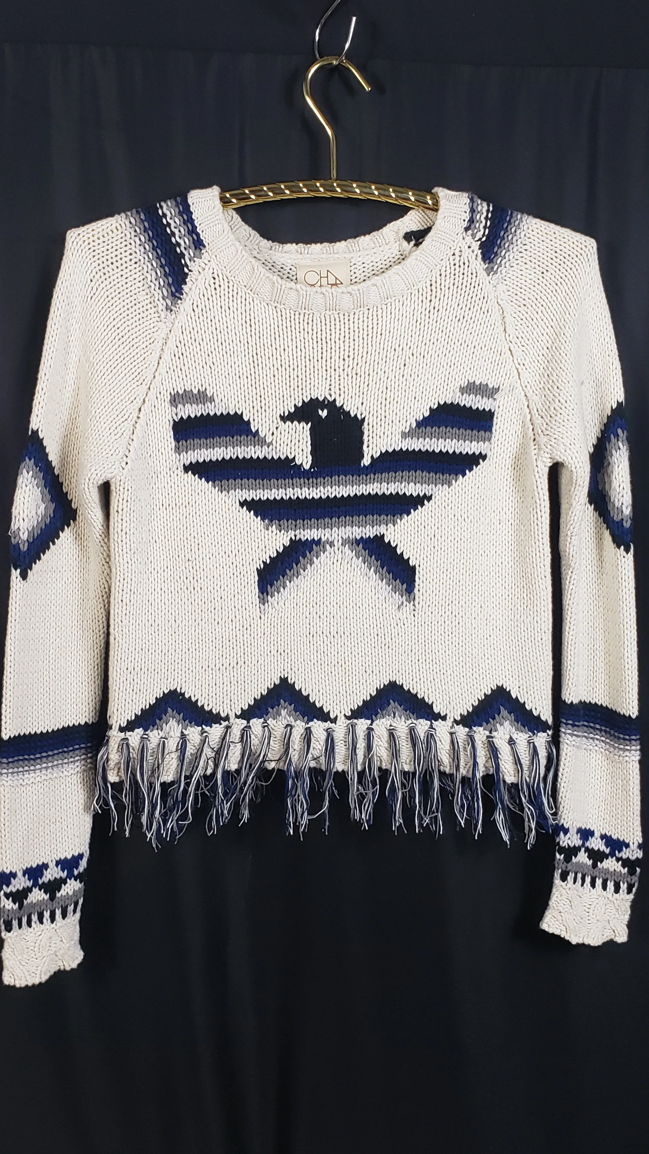 Chaser Eagle Fringe Cropped Crew Neck Raglan Pullover Size S