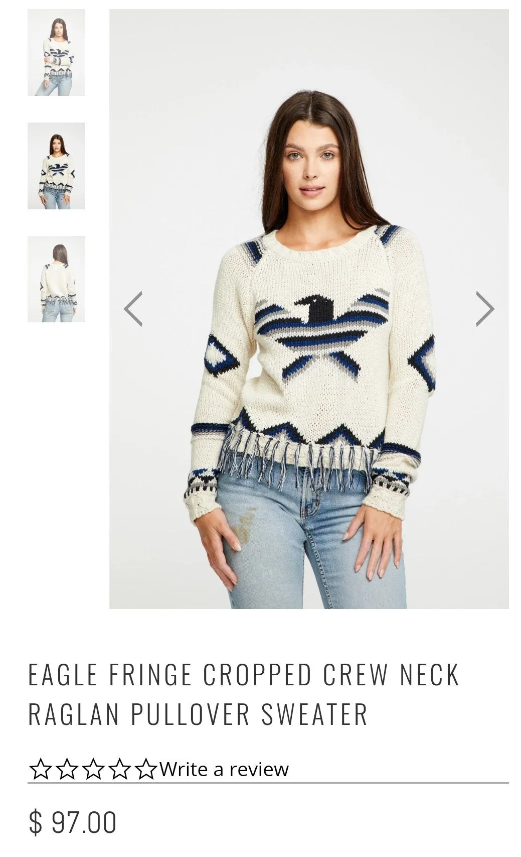 Chaser Eagle Fringe Cropped Crew Neck Raglan Pullover Size S