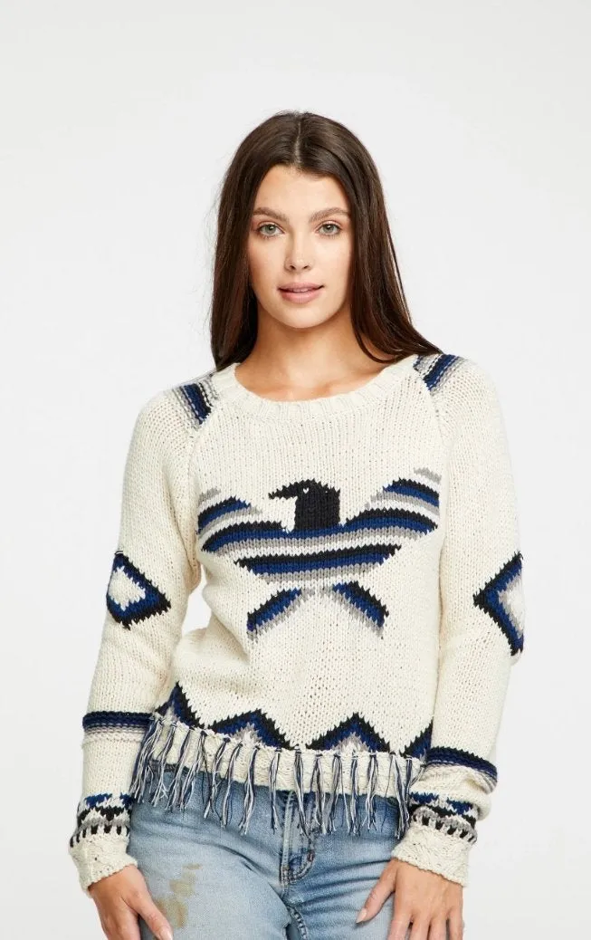 Chaser Eagle Fringe Cropped Crew Neck Raglan Pullover Size S