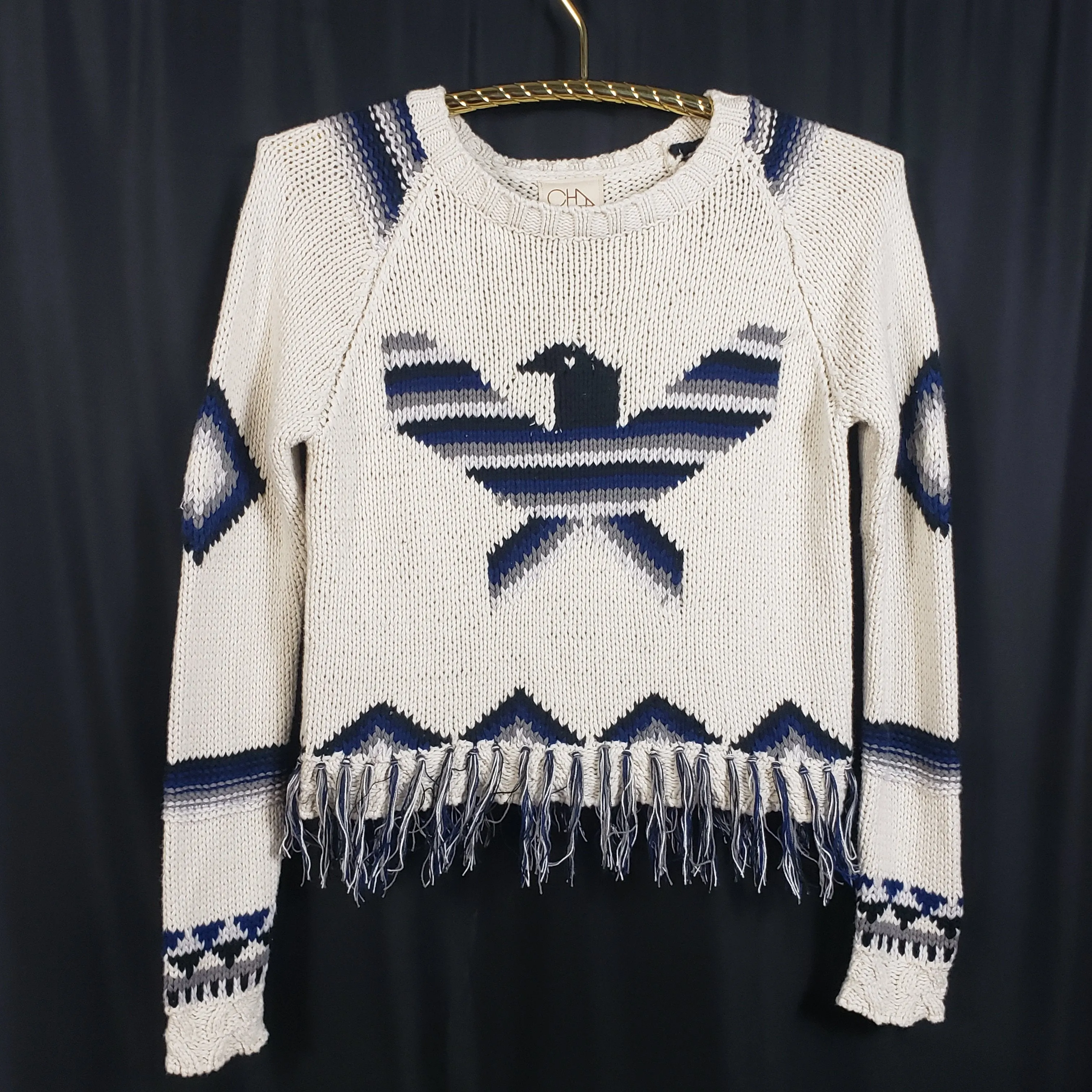 Chaser Eagle Fringe Cropped Crew Neck Raglan Pullover Size S