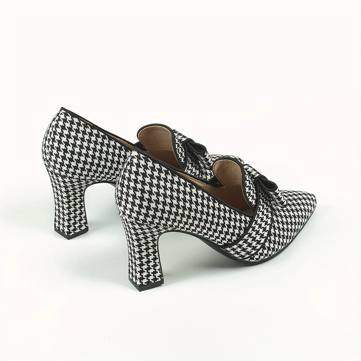 Chic Lightweight Houndstooth Mary-Jane Pumps - Embroidered Bowknot Pointed Toe, Comfort Block Heel for Fall