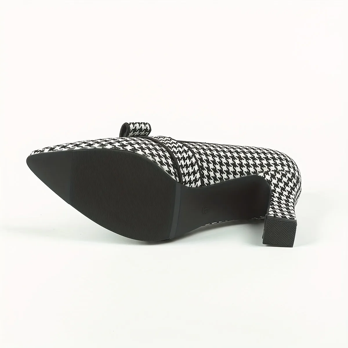 Chic Lightweight Houndstooth Mary-Jane Pumps - Embroidered Bowknot Pointed Toe, Comfort Block Heel for Fall