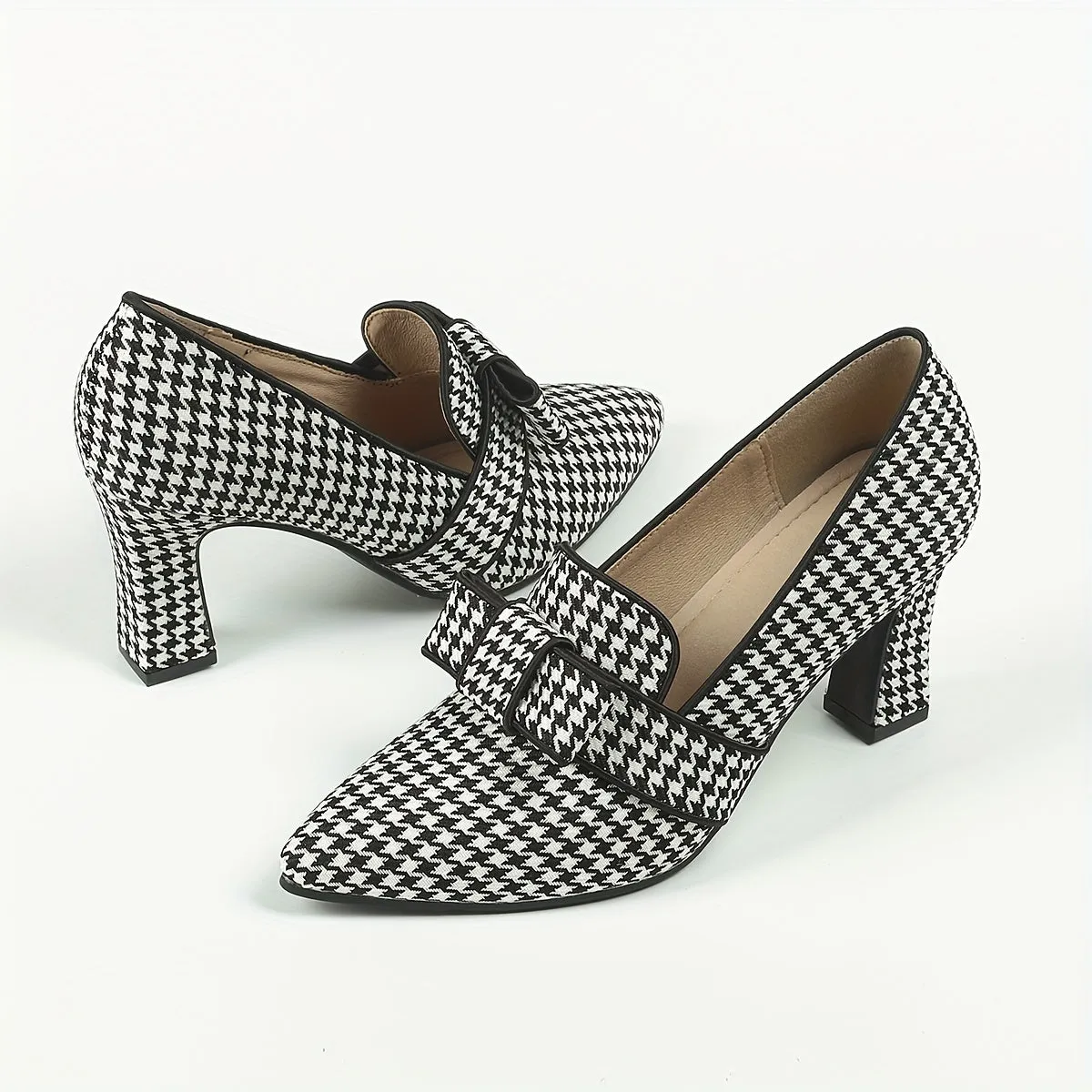 Chic Lightweight Houndstooth Mary-Jane Pumps - Embroidered Bowknot Pointed Toe, Comfort Block Heel for Fall