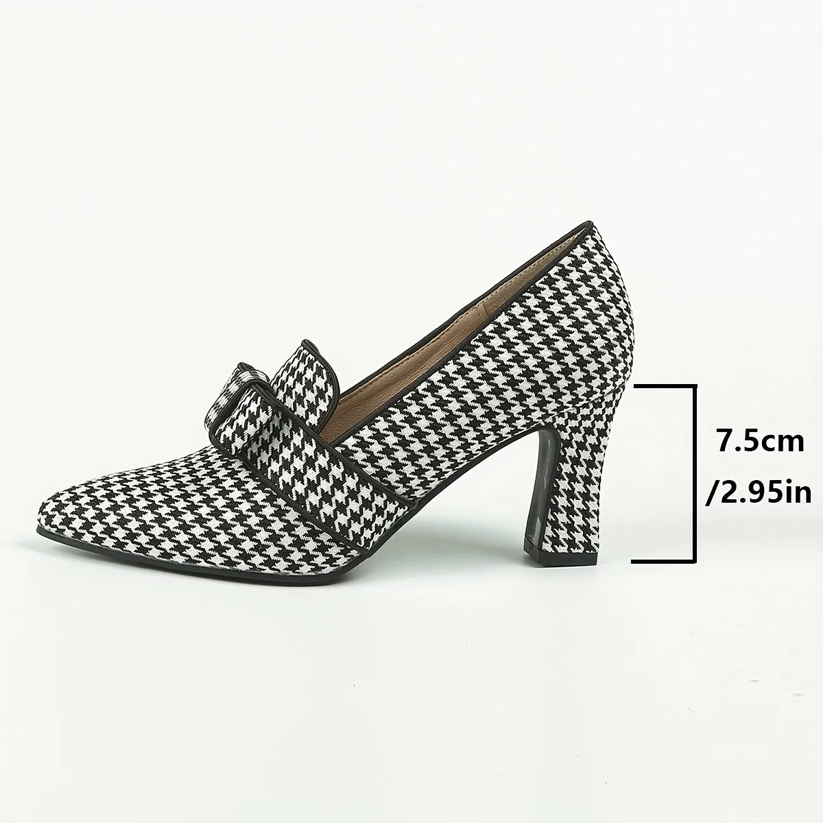 Chic Lightweight Houndstooth Mary-Jane Pumps - Embroidered Bowknot Pointed Toe, Comfort Block Heel for Fall