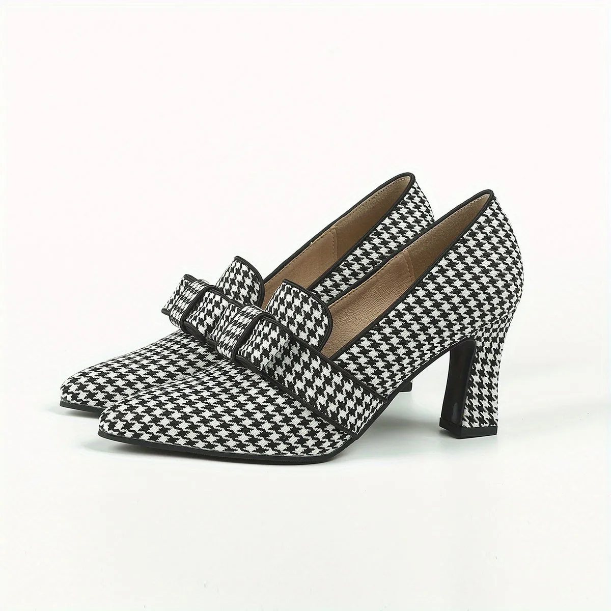 Chic Lightweight Houndstooth Mary-Jane Pumps - Embroidered Bowknot Pointed Toe, Comfort Block Heel for Fall