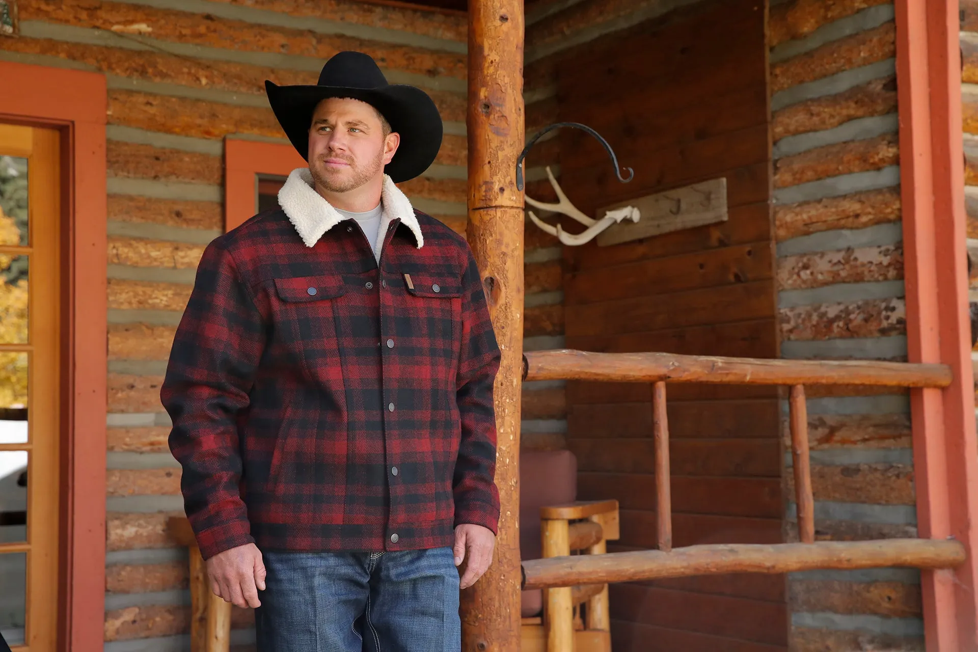 Cinch Men's Red and Black Sherpa Lined Trucker Jacket