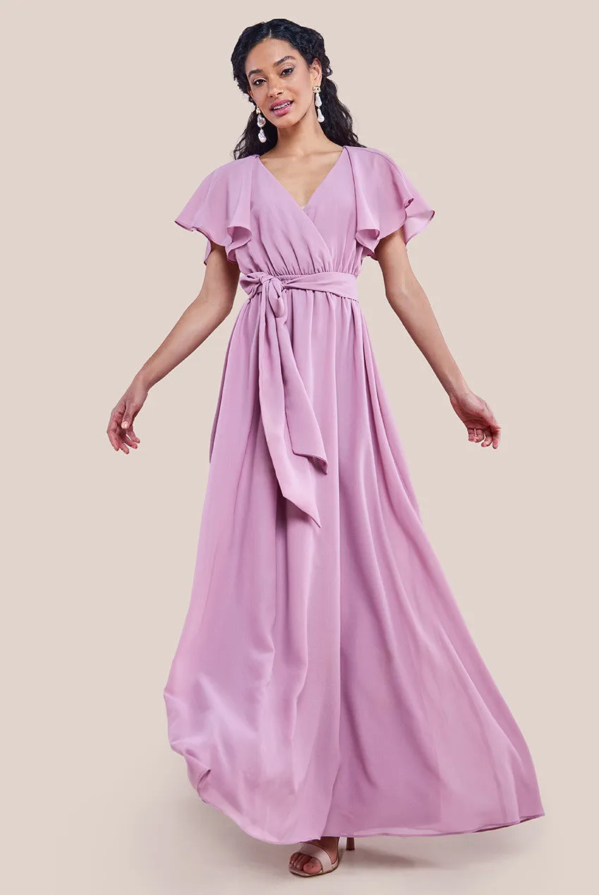 City Goddess Sustainable Chiffon Flutter Sleeve Wrap Maxi Dress