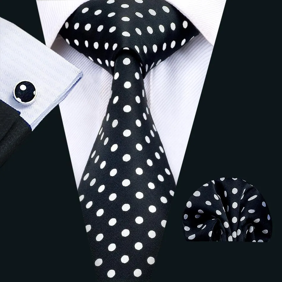 Classic Black Polka Dot Tie Hanky Cufflinks Set with Brooch