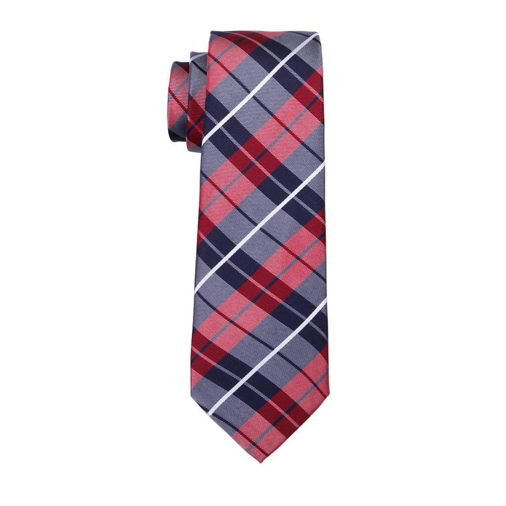 Classic Campus Style Blue Red Plaid Men's Tie Pocket Square Cufflinks Gift Box Set